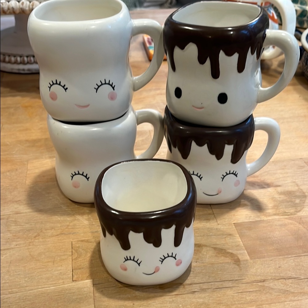 FIVE Whimsical Smores/Marshmallow hot chocolate holiday mugs